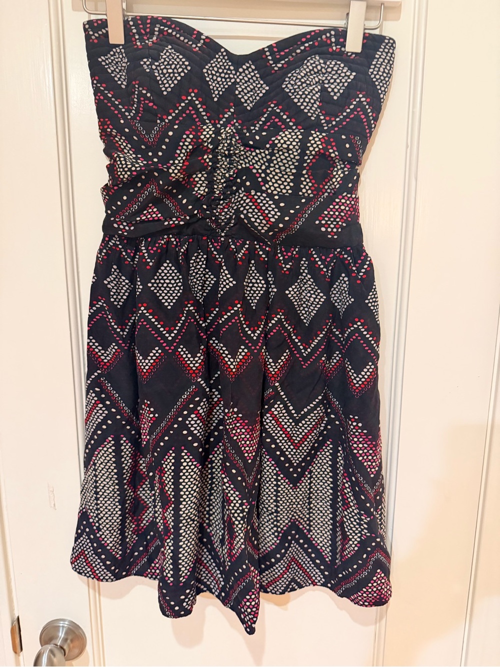 Parker 100% Silk Black Strapless Polka Dot Chevron Dress with Pink Accents